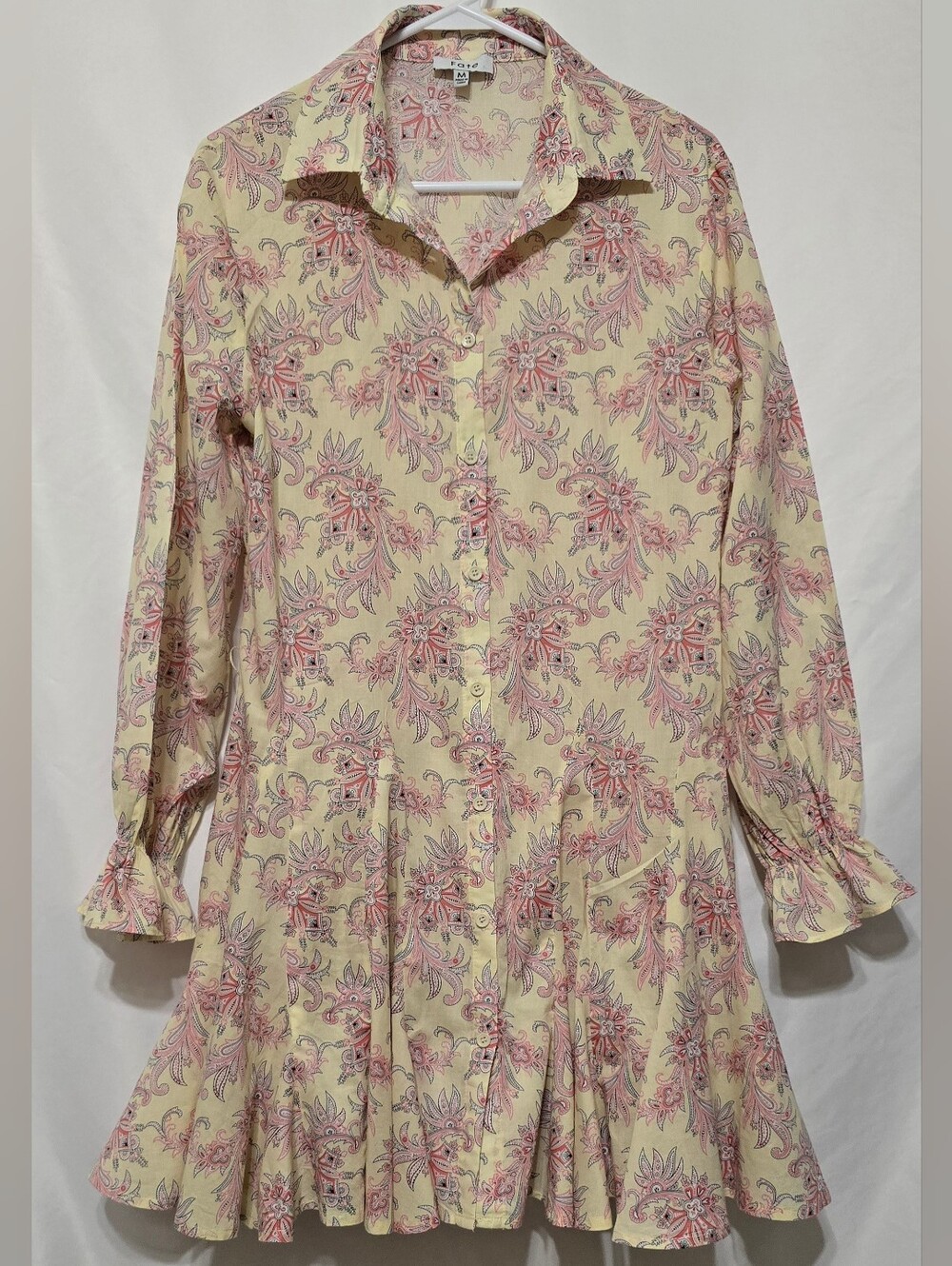 FATE Paisley Button Front Long Sleeve Mini Shirt Dress Pink Yellow Ruffle Medium